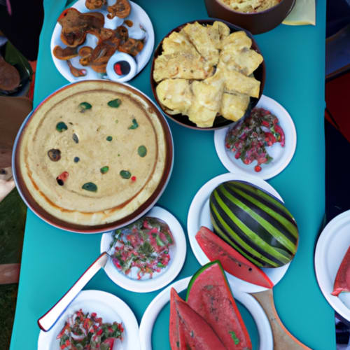 Assiette locale généreuse à Au pied des Sources à Cilaos : houmous, beignets, pain plat, pastèque et légumes frais
