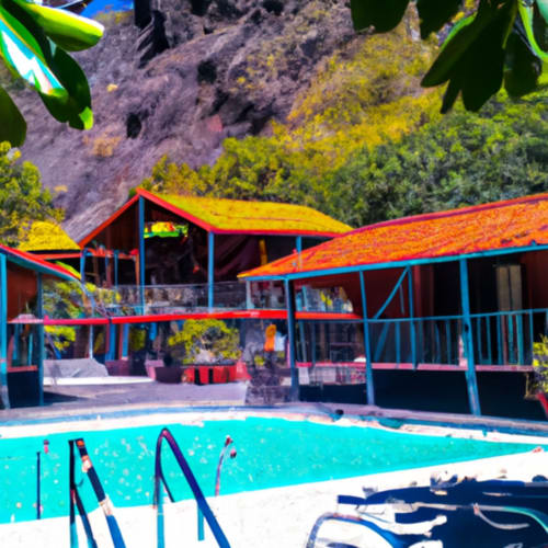 Piscine colorée et lodge de l'hôtel Au pied des Sources à Cilaos avec des bâtiments rouge et bleu éclatants