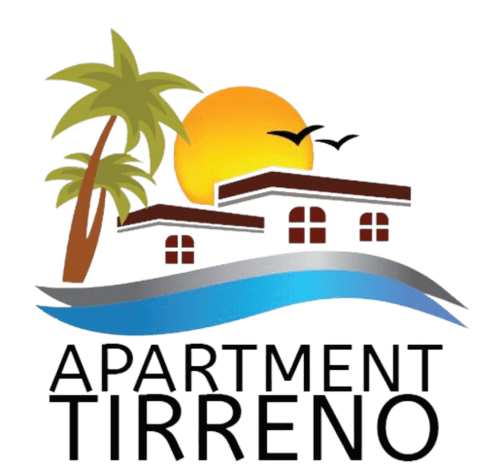 Logo del Bed & Breakfast Tirreno fronte mare con palma, sole, casa e onde del mare a Tirrenia