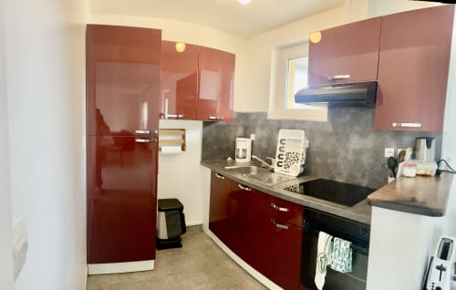 Modern kitchen with burgundy cabinets, gray countertop, and stainless steel appliances at Le Clos De La Vallée cottage in