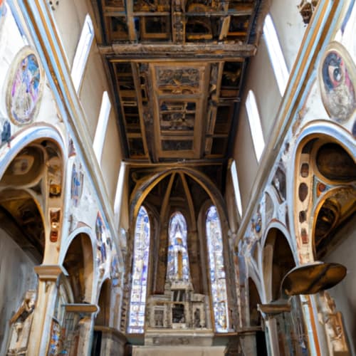 Interno della cattedrale gotica di Firenze con volte affrescate, vetrate colorate e dettagli architettonici ornamentali
