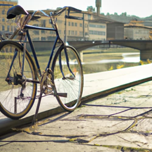 Bicicletta blu affacciata sull'Arno e i ponti di Firenze, vicino al Mio Appartamento Fiorentino