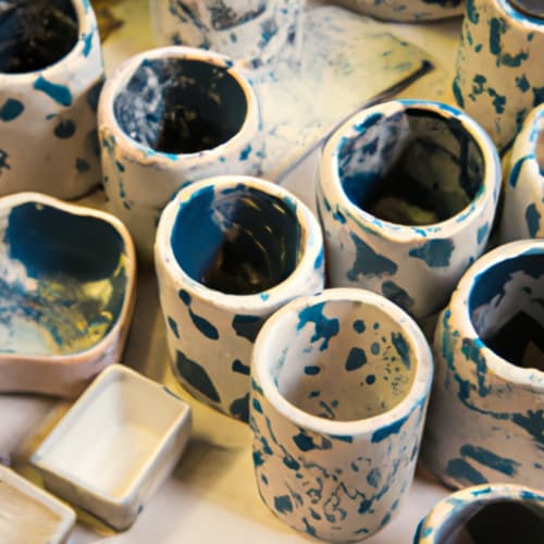 Tazze in ceramica bianca e blu esposte presso l'hotel My Florentine Apartment a Firenze