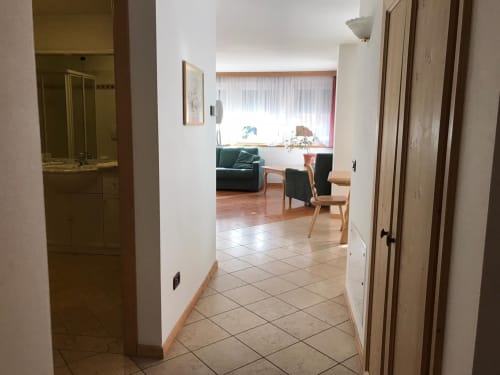Hallway entrance to Greppa Apartment at Residence Rodolon, Mazzin, with living area and mountain view visible