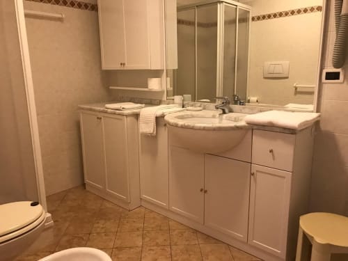 Modern bathroom in Greppa Apartment at Residence Rodolon, Mazzin, with dual sink vanity and shower