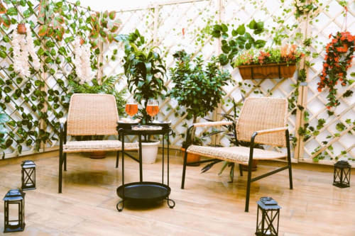 Terrazza giardino rigogliosa con due sedie in vimini e braciere presso Blackwoody Contemporary Hospitality, Napoli