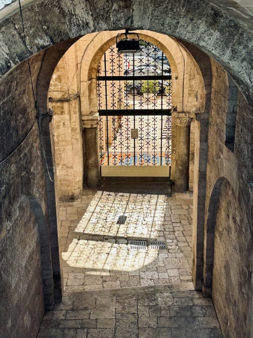 Passaggio in pietra ad arco con cancello decorativo all'ingresso della proprietà storica di Bari, Italia