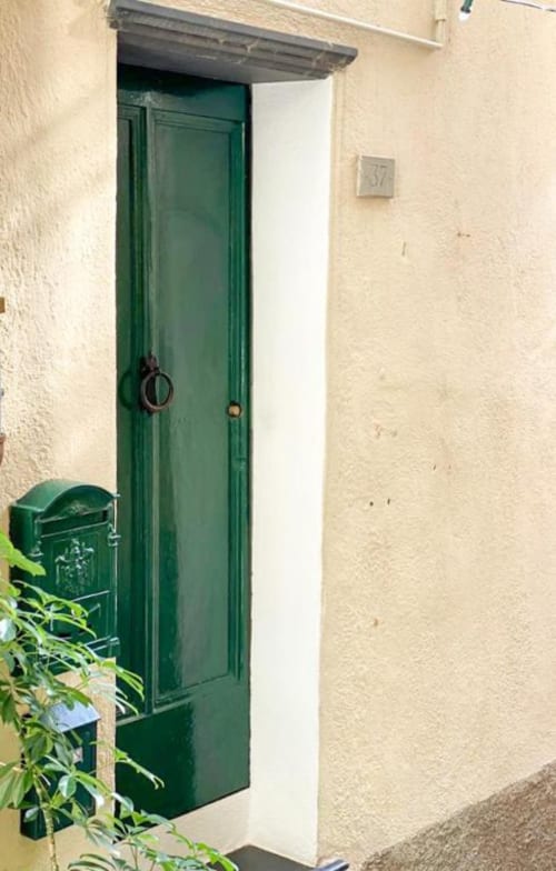 Porta d'ingresso in legno verde della Camera 1 presso il B&B SoleMagia a Vernazzo, Italia, con cassetta postale e piante