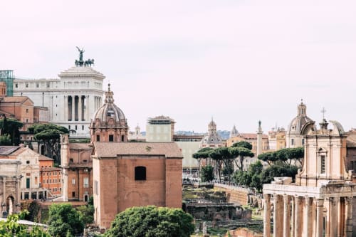 Roman Forum and ancient ruins with domed basilicas, Hotel Fiori, Rome Italy