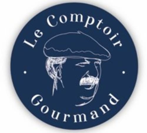 Logo Le Comptoir Gourmand con chef barbudo con sombrero en escudo circular azul oscuro