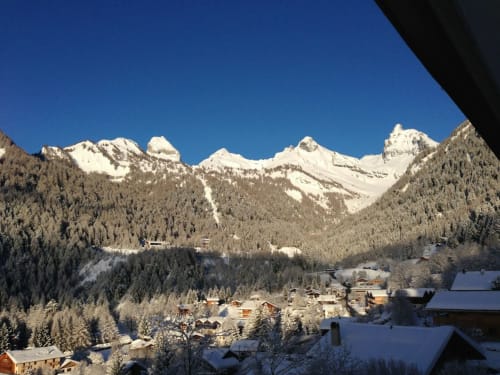 Vue enneigée d'une vallée alpine avec chalets nichés dans les forêts de sapins et les montagnes enneigées de Suisse saxonne
