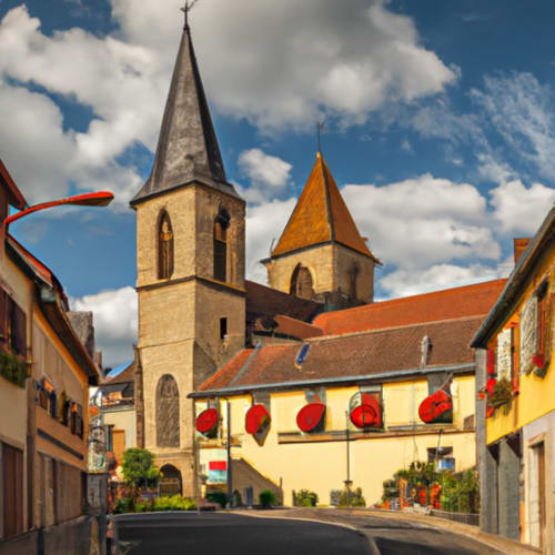 Charmante rue de Cernay avec tours d'église en pierre et bâtiments jaunes, établissement Théière & Couverts