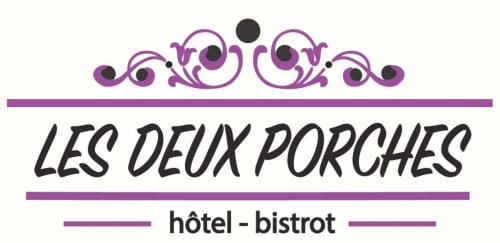 Logo de l'hôtel-bistrot Les Deux Porches avec ornements violets à Verrières, France