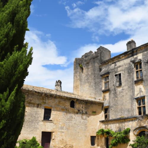 Historic stone castle courtyard with towers at AJOUCADOU B&B in Lourmarin, France, featuring ivy and blue sky