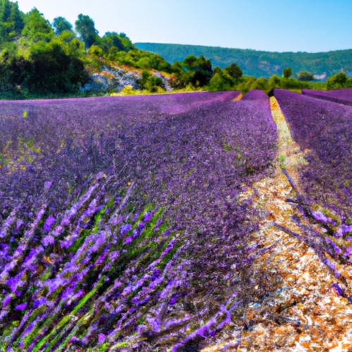 Purple lavender fields in Lourmarin, France with rolling green hills and stone pathways