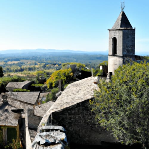 Medieval bell tower overlooking Lourmarin valley at AJOUCADOU boutique bed and breakfast in Provence, France