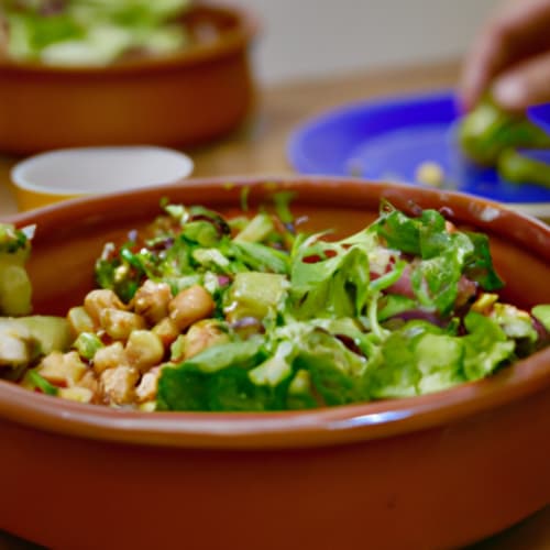 Rustic terracotta bowl with fresh salad and chickpeas at Ajoucadou B&B in Lourmarin, France