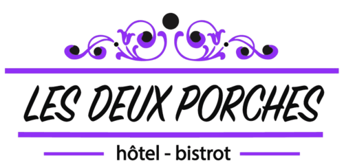 Logo de l'hôtel-bistrot Les Deux Porches en violet avec design orné, Verrières France