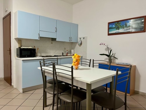 Cucina e zona pranzo moderne dell'Apartment Tirreno a Tirrenia con mobili blu, tavolo da pranzo e pianta di orchidea