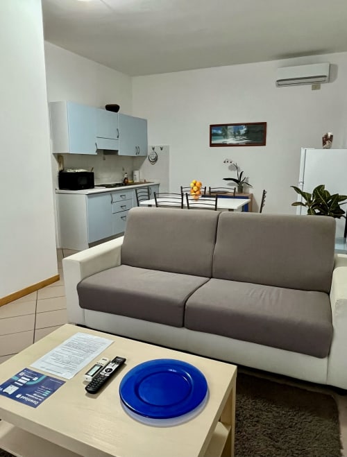 Moderno soggiorno dell'Apartment Tirreno, Tirrenia con divano grigio, angolo cottura, TV e zona pranzo.