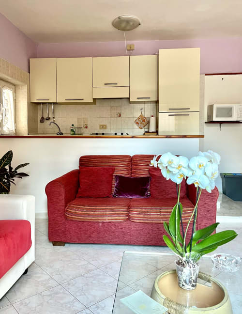 Divano rosso con orchidee nell'Apartment Tirreno, bilivello a Tirrenia con cucina crema e pareti rosa
