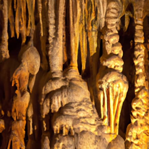 Une photo de l'entrée d'une grotte sombre avec des stalactites suspendues au plafond.