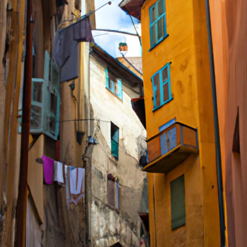 Une photo d'une rue étroite bordée de maisons colorées à l'architecture traditionnelle.