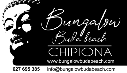 Bungalow Buda Beach Chipiona logo with African mask and contact details