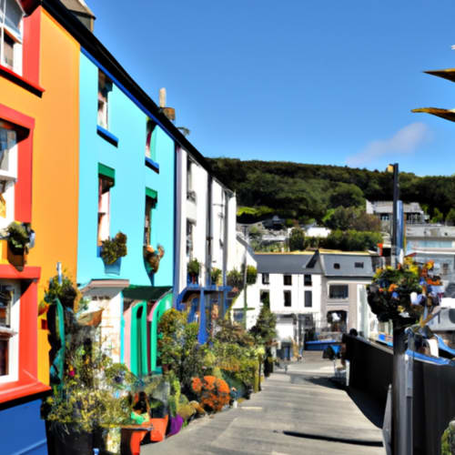 A bustling street in New Quay filled with colorful buildings, shops, and busy pedestrians.