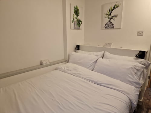 Clean, modern bedroom at The Little Annex in Horsham with white bedding, plant wall art, and contemporary furnishings