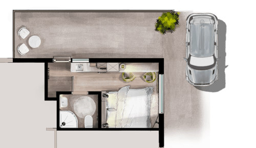 Aerial floor plan of The Little Annex apartment in Horsham showing bedroom, bathroom, kitchenette, and driveway parking.