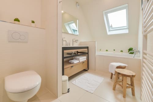 Modern bathroom in Honfleur cottage with toilet, vanity sink, bathtub, skylight, and potted plants