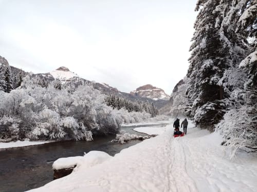 Winterlicher Flussweg mit schneebedeckten Bäumen und Bergen, Fontanazzo Mazzin Dolomiten