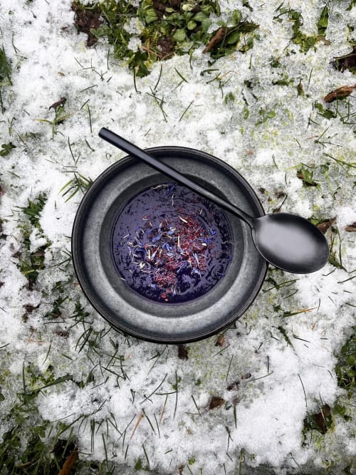 Velouté Chou rouge, herbes violettes sur le sol enneigé du Domaine de l'Ocrerie, Pourrain