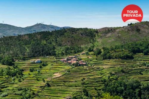 Vista aérea dos campos em terraços verdes e casarões tradicionais da Casa da Luz Gerês, Vieira do Minho, Portugal