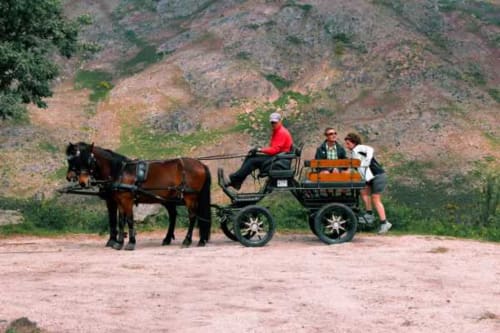 Carruagem puxada a cavalo com passageiros em trilha de montanha na Casa da Luz Gerês, Vieira do Minho