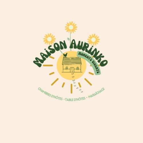 Logo de la Maison Aurinko B&B avec tournesols, maison de campagne et rayons de soleil à Thénon, France