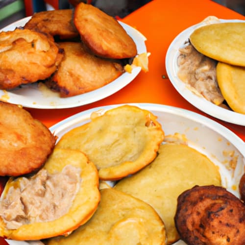 Empanadas y arepas doradas recién fritas con relleno de carne en Hotel Maderos Cali, cocina colombiana