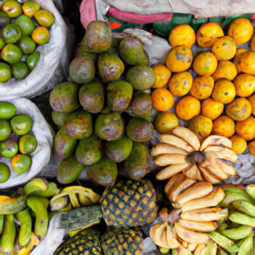 Frutas tropicales coloridas en el mercado de Cali incluyendo mangos, naranjas, plátanos y productos locales, Colombia