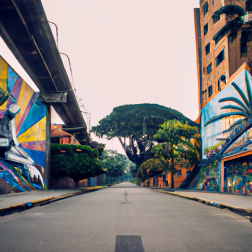 Pasillo de arte callejero colorido en Hotel Maderos de Cali, Colombia con murales vibrantes y arquitectura urbana