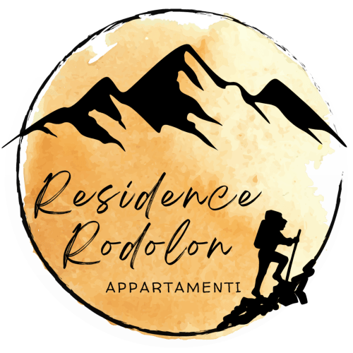 Logo der Residence Rodolon Appartamenti mit Bergen und Wanderer-Silhouette bei Mazzin