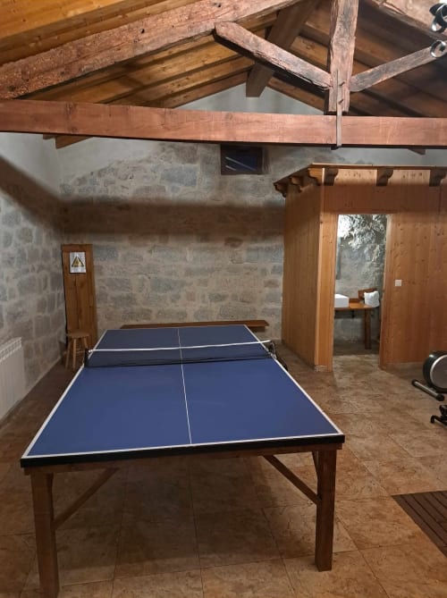 Mesa de ping pong en sala de juegos de Apartamentos Turísticos Ávila con vigas vistas y paredes de piedra