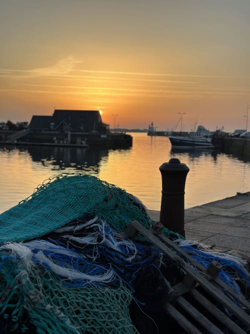 Filets de pêche et lever de soleil sur le port de L'Ermitage à Saint-Vaast-la-Hougue, charmante maison d'hôtes côtière française