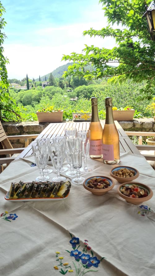 Outdoor terrace at La Sentinelle with wine, appetizers overlooking Les Arcs vineyard valley