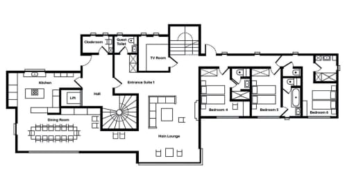 Floor plan of Le Chalet Mont-Blanc B&B in Chamonix, showing kitchen, dining room, bedrooms, and lounge layout.