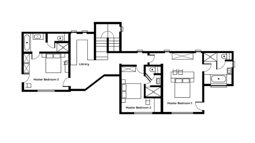 Floor plan of Le Chalet Mont-Blanc luxury suite in Chamonix, featuring 3 master bedrooms, library, and bathrooms.