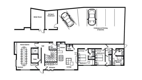 Floor plan of Le Chalet Mont-Blanc B&B in Chamonix, featuring bedrooms, kitchen, cinema room, and parking