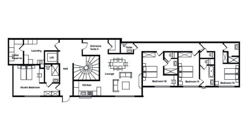 Le Chalet Mont-Blanc floor plan showing studio, bedrooms, kitchen, lounge, and entrance in Les Houches