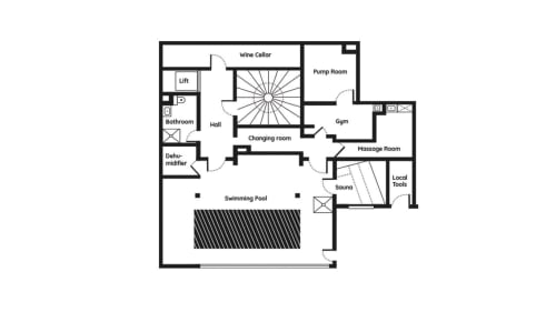 Floor plan of Le Chalet Mont-Blanc showing wine cellar, gym, pool, and spa facilities in Chamonix