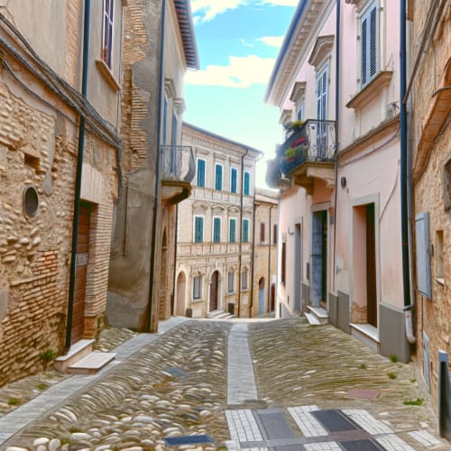 Un'immagine delle pittoresche stradine del centro storico di Crecchio con edifici in pietra e balconi fioriti.